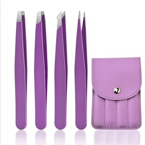 Juego de Pinzas para Cejas Multifuncionales de Acero Inoxidable Morado, Hechas a Mano, Punta Inclinada, Diseño Duradero, Estilo Moderno, 4 Piezas, Estuche para Pinzas - Product Image 1