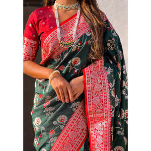 Sari en soie douce Banarasi tissé Zari Elite Weaves avec contraste Jaal vert bouteille, vêtements indiens et pakistanais 0.65g - Product Image 2