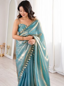 Sari en satin Fendy bleu aqua premium, finition scintillante dorée, bordure ornée, pompons de créateur, réversible, protection solaire, assorti - Product Image 5