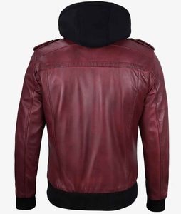 Custom Men Maroon Leather Hooded <b>Jacket</b> <b>Fleece</b> <b>Lined</b> Biker <b>Jacket</b> Multi Pocket Casual Winter Streetwear Style For Unisex - Product Image 2