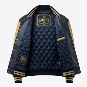 <span class=keywords><strong>Giacca</strong></span> Letterman in <span class=keywords><strong>Pelle</strong></span> Blu Scuro e Oro con Grande Motivo Ricamato sul Retro, Bottoni a Scatto, Bicolore, Abbigliamento Collegiale da Uomo - Product Image 5