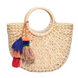 Оптовая продажа, Плетеная соломенная сумка из ротанга с помпоном, бумажная Соломенная пляжная сумка, базовая Повседневная сумка