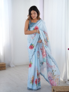 Elegante Saree Tradicional Azul Claro con Borde de Encaje de Espejo de Secado Rápido para Mujer, Saree Indio para Fiestas - Product Image 1