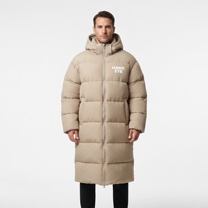 <b>Men's</b> Long <b>Hooded</b> Puffer <b>Jacket</b> Winter Thick Quilted Coat Full Zip Windproof Casual Style Polyester Wadding Solid Beige Puffer - Product Image 1