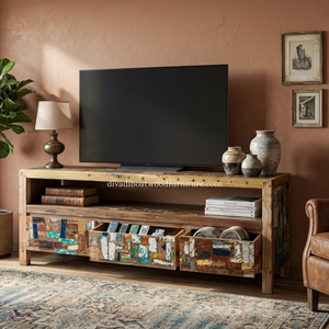 Sustainable Reclaimed Boat Wood TV <b>Cabinet</b> 3 Drawer Small Patchwork Style Solid Wood <b>Rustic</b> Recycled Timber For Stand TV - Product Image 4
