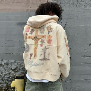 Sweat à capuche zippé pour homme en tissu gaufré, imprimé religieux, style streetwear, 100% coton, écologique, service OEM - Product Image 2