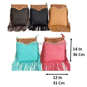 Directo de fábrica, venta al por mayor, bolso cruzado con flecos grandes de cuero labrado a mano, bolso de hombro de mujer de cuero de vaca con patrón de celosía de diamante - Product Image 2