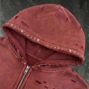 Custom Trend Rhinestone Polyester/Cotton Knitted Lined Oversized Winter Acid Wash Streetwear Distressed Embroidery <b>Hoodie</b> - Product Image 3