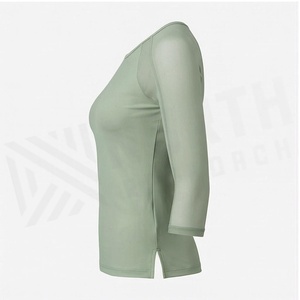 เสื้อโยคะแขน 3/4 สีเขียวล้วนสำหรับผู้หญิง คอกลม ผ้าถักยืดหยุ่น ผสมสแปนเด็กซ์และโพลีเอสเตอร์ เสื้อออกกำลังกาย - Product Image 3