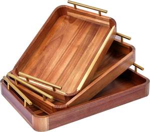 Rustic Ottoman Tray Decorative Tray with Nesting Stacking Design Wood Serving Tray with Handles for Kitchen Counter - Product Image 1