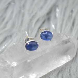 Kyanite <b>Stud</b> <b>Earrings</b> Sterling Silver Minimalist Oval <b>Blue</b> Gemstone Handmade Jewelry Gift For Women - Product Image 5