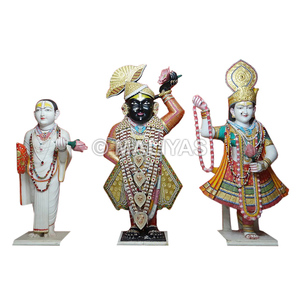 Moorti de Shrinathji en Mármol con Yamuna Ji y Mahaprabhu |   Conjunto de Ídolos de Mármol Divinos - MALIYAS - Product Image 1