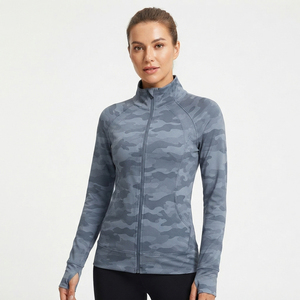 Slim Fit Ladies Polyester Spandex Jacket <b>Thumb</b> Loop Yoga Training Jacket Camo Print Workout Zipper <b>Top</b> Ladies Fitness Jackets - Product Image 2