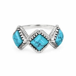 925 Sterling Silver Blue Turquoise Christian Bezel Setting Handmade Triple Cushion Bohemian Gemstone <b>Statement</b> <b>Ring</b> for December - Product Image 2
