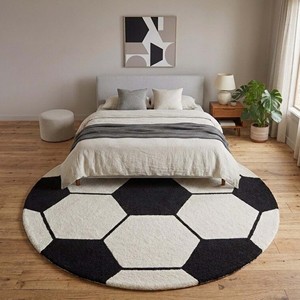Kids Soccer Ball <b>Round</b> Area <b>Rug</b> Black <b>White</b> Football Pattern Hand Tufted Wool Carpet Playroom Bedroom Nursery Decor Soft - Product Image 5