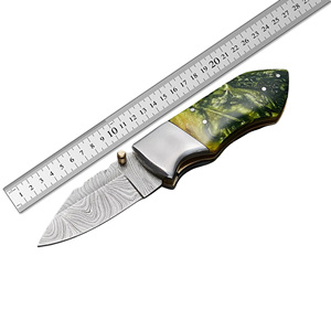 Damascus Pocket Knife Folding Knife with Resin Handle & <b>Leather</b> Sheath Custom Folding Knife Damascus Blade EDC Knife for Gift - Product Image 6