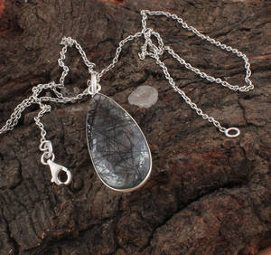 Pendentif en quartz rutilé noir naturel, argent sterling 925 plaqué platine, collier vintage unique avec pierre précieuse en forme d'aiguille, bijoux fins - Product Image 6