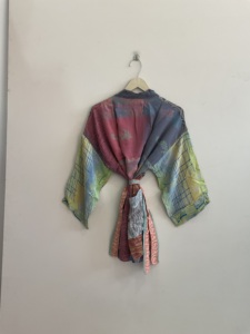 Bata de algodón y fibra de bambú para mujer, estilo patchwork, manga larga, sin cuello, estampada, para estar en casa, ideal para primavera - Product Image 6