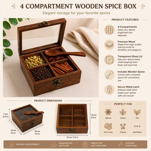 Caja de Especias de Madera con Cuatro Compartimentos y Cuchara de Madera, Diseño Tallado Tradicional para Almacenar Hierbas y Especias - Product Image 4
