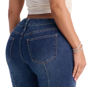 Jean en denim coupe bootcut bleu foncé vintage pour femme, taille mi-haute, coupe régulière, décontracté, longueur complète, patchwork, respirant, séchage rapide, personnalisable - Product Image 4