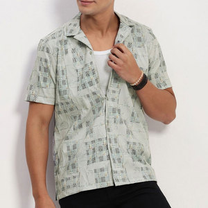 Chemise décontractée pour homme, vintage, respirante, en coton, à manches longues, imprimé géométrique, col rabattu, tissu tissé estival, design à motifs - Product Image 2