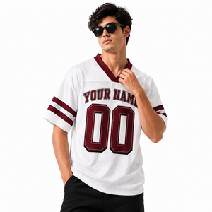 Maillot de football américain personnalisé blanc et bordeaux en mesh, col en V, manches courtes, respirant, séchage rapide, impression par sublimation, numéros d'équipe, pour hommes - Product Image 3