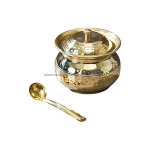 Récipient en laiton métallique à texture martelée avec couvercle et cuillère de rangement pour ghee et huile Plusieurs tailles et styles au choix - Product Image 6