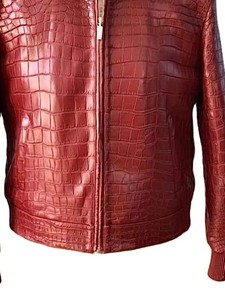 Veste en cuir PU gaufré croco rouge pour homme, style motard, fermeture éclair sur le devant, col rabattable, vêtement d'hiver - Product Image 1