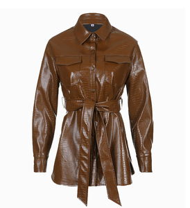 Women's brawn Genuine Leather Moto Jacket Full Sleeve <b>Zipper</b> Closure Stand Collar Autumn Style - Product Image 1