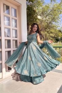 NILESH TAILOR FASHION Floor-Length V-Neck Full Sleeve Woven for Satin Heavy Fabric Floral Pattern <b>Elastic</b> Work <b>Dress</b> - Product Image 5