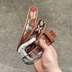Westlicher bestickter Cowboy-Ledergürtel mit perlenbesetztem Blumenmuster, silberner Schnalle, lässiger ethnischer Stil, langlebiger handgefertigter Gürtel - Product Image 2