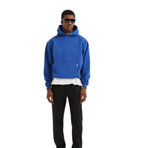 Men's Oversized Fleece Hooded Sweatshirt Solid Blue Casual Pocket Design Regular Fit Autumn Wear Knitted <b>Hoodie</b> - Product Image 3