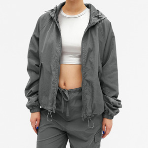 Wholesale Light Weight <b>Zip</b> <b>up</b> Women's Summer Hooded Drawstring Parachute Bomber <b>Jacket</b> - Product Image 1