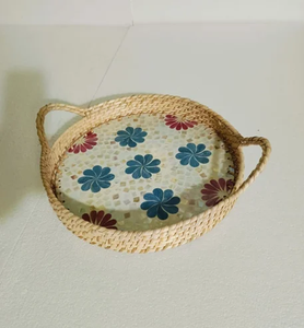 Plateau en rotin et nacre pour café et thé, organisateur de rangement pour mariages et fêtes, plateau en nacre et rotin - Product Image 1