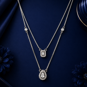 925 Sterling Silver Emerald Cut Zircon Gemstone Crystal Pendant <b>Long</b> Layered <b>Necklace</b> Set Matching Earrings Set Rhodium Plated - Product Image 1