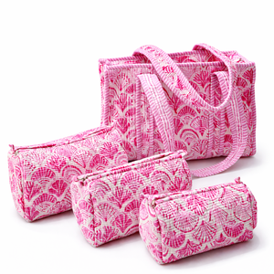 Pink Quilted Cotton <b>Tote</b> <b>Bag</b> <b>with</b> Perfectly Matched Toiletry Pouches Lightweight Canvas Lining Zipper Closure Summer Shopping - Product Image 1