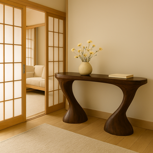 Table console en bois massif à bord naturel, faite à la main, design rustique moderne, cadeau de pendaison de crémaillère, table console sculpturale - Product Image 2