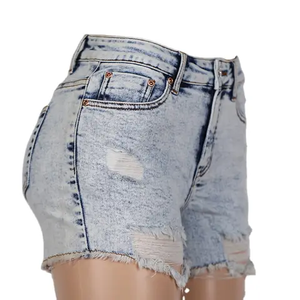 Shorts de mezclilla elegantes para mujer, de cintura alta, ajustados, con borlas, sin elástico, en tela de color, en stock. - Product Image 1