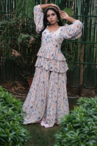 Bohemian Floral Print Crepe Floor-Length Peplum <b>Dress</b> With <b>Ruffles</b> Empire Waistline Sweetheart Neck Casual Style For Adult - Product Image 5
