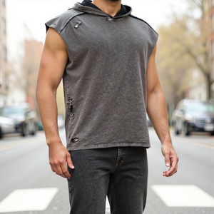 Débardeur à capuche pour homme, coupe ample, style vintage américain, en tissu épais, avec logo personnalisé, effet vieilli et détails patchwork - Product Image 1