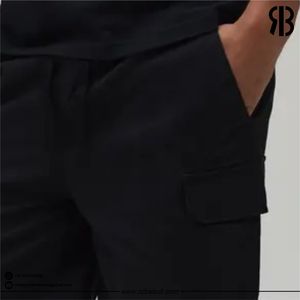 Shorts cargo unisexes en coton noir uni pour homme, taille élastique, décontractés, respirants, avec poches, taille mi-haute - Product Image 3