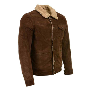 <b>Men's</b> Brown <b>Suede</b> Leather Motorcycle <b>Jacket</b> Faux Fur Stand Collar Front Casual Winter Style Color Blocking Zipper Closure - Product Image 3