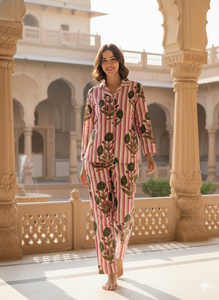 ชุดนอนผ้าฝ้ายพิมพ์ลายดอกไม้ลายทางแนวตั้งสำหรับผู้หญิง ทำมือ แห้งเร็ว เหมาะสำหรับฤดูร้อนและฤดูใบไม้ผลิ  ชุดเสื้อและกางเกงขายาวทันสมัย - Product Image 2