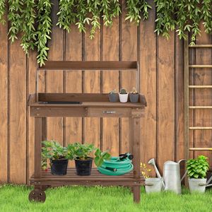 Banco da Lavoro in Legno da 36 Pollici con Ampio Cassetto Portaoggetti e 2 Ruote Rimovibili, Postazione da Giardino con Lavello Estraibile - Product Image 2