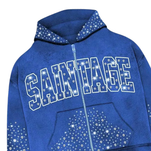 Blue Rhinestone Hoodie Zip Up Men Custom Logo Cotton Fleece Oversized Streetwear Sweatshirt Tracksuit Top Wholesale Supplier - Product Image 2