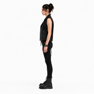 Gilet de motard asymétrique en jean personnalisé pour femme, style punk, coupe club, patchwork, surpiqûres rouges, fermeture éclair, OEM - Product Image 3
