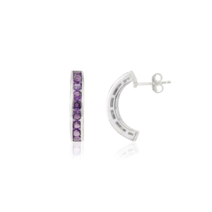 Natural Round Cut Amethyst Gemstone <b>Solid</b> 925 Sterling <b>Silver</b> C Shape <b>Hoop</b> <b>Earrings</b> For Women's Party Wear Jewelry - Product Image 3