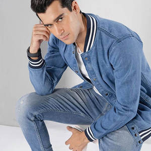 WARPRO INDUSTRY Men's Blue Solid Eco-friendly Denim Puffer <b>Jacket</b> Turn-down Collar Windproof Casual Autumn Wear Front 300g - Product Image 4