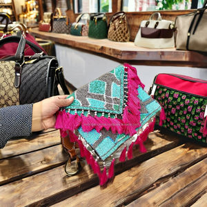 Sacs à main en coton de style bohème pour femmes indiennes, faits à la main, avec des perles, fermeture éclair, grande capacité, pour le soir, le shopping, les sacs à bandoulière - Product Image 1