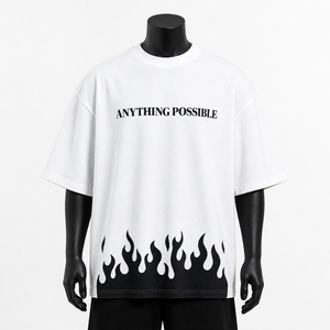 <b>White</b> Oversized Graphic <b>T</b> <b>Shirt</b> Loose Drop Shoulder Crew Neck Letter Print Flame Hem Tee - Product Image 1